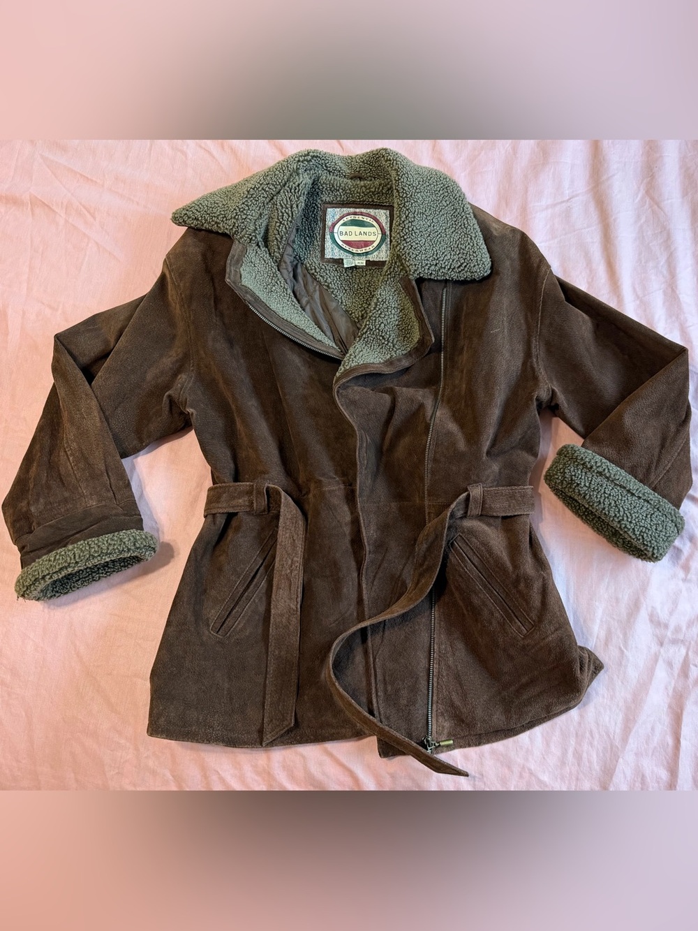 Vintage Suede Jacket Badlands Brown Belted Sherpa M